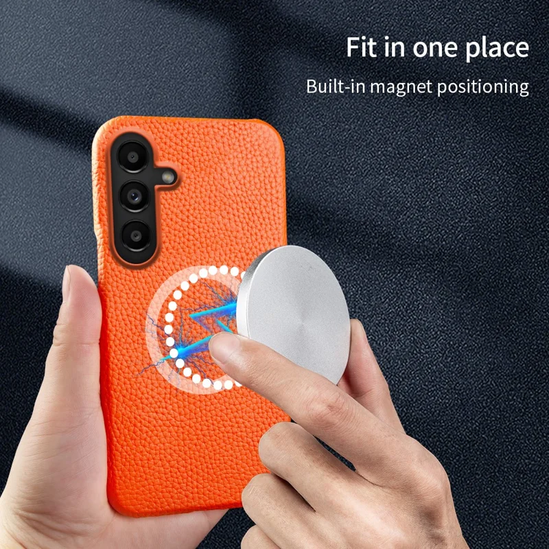 For Samsung Galaxy S25 FE Magnetic Case Litchi Texture Genuine Cow Leather + PC Shockproof Phone Back Cover - Mint Green