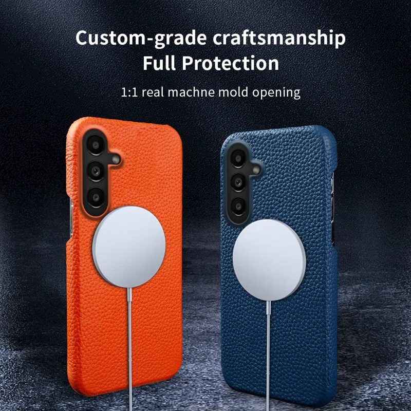 For Samsung Galaxy A17 4G  /  A17 5G Magnetic Case Litchi Texture Genuine Cow Leather + PC Shockproof Phone Back Cover - Mint Green