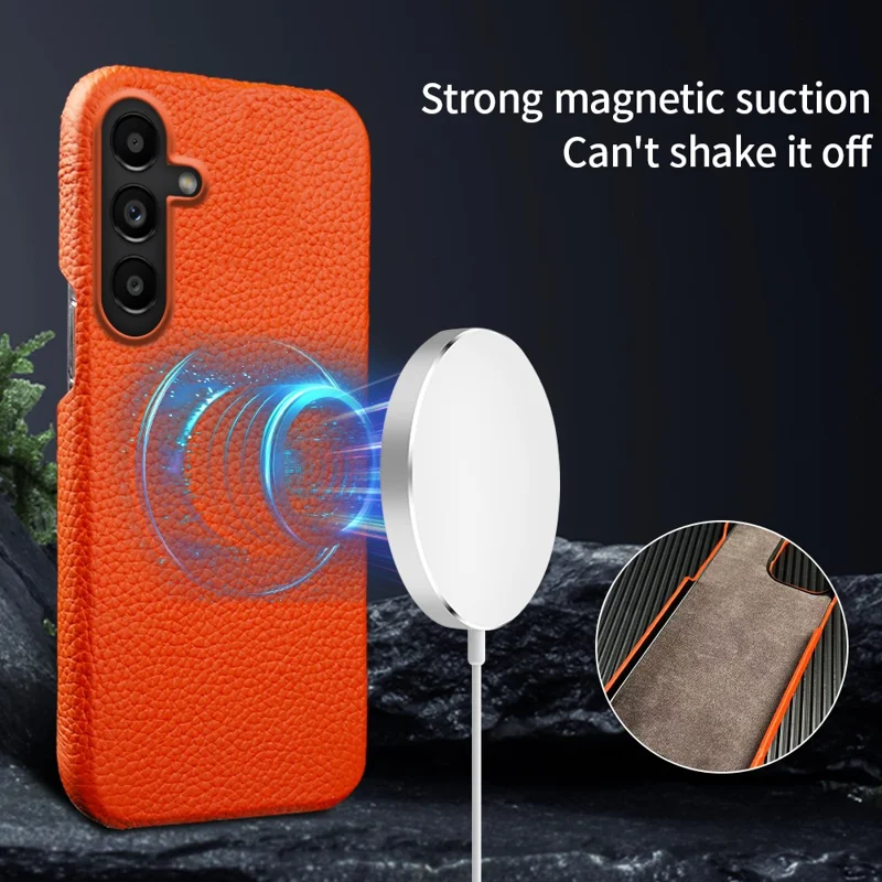 For Samsung Galaxy S25 Magnetic Case Litchi Texture Genuine Cow Leather + PC Shockproof Phone Back Cover - Mint Green