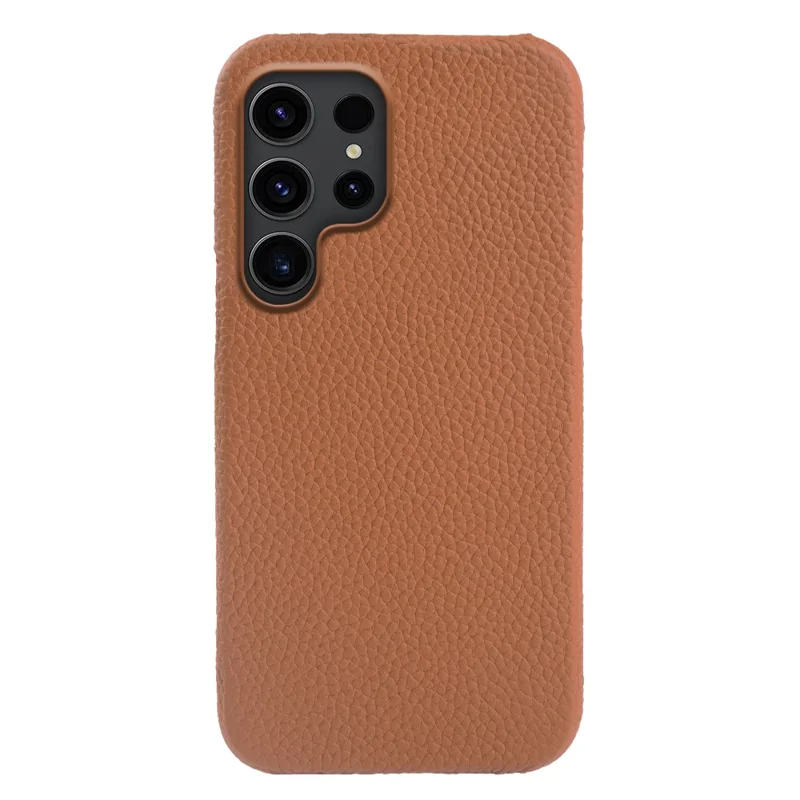 For Samsung Galaxy S25 Ultra Magnetic Case Litchi Texture Genuine Cow Leather + PC Shockproof Phone Back Cover - Brown