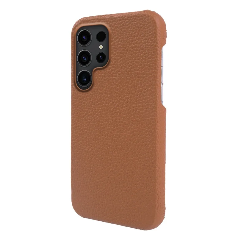 For Samsung Galaxy S25 Ultra Magnetic Case Litchi Texture Genuine Cow Leather + PC Shockproof Phone Back Cover - Brown