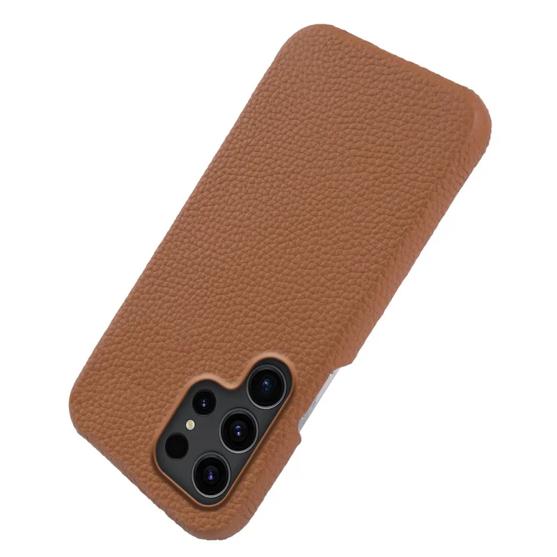 For Samsung Galaxy S25 Ultra Magnetic Case Litchi Texture Genuine Cow Leather + PC Shockproof Phone Back Cover - Brown