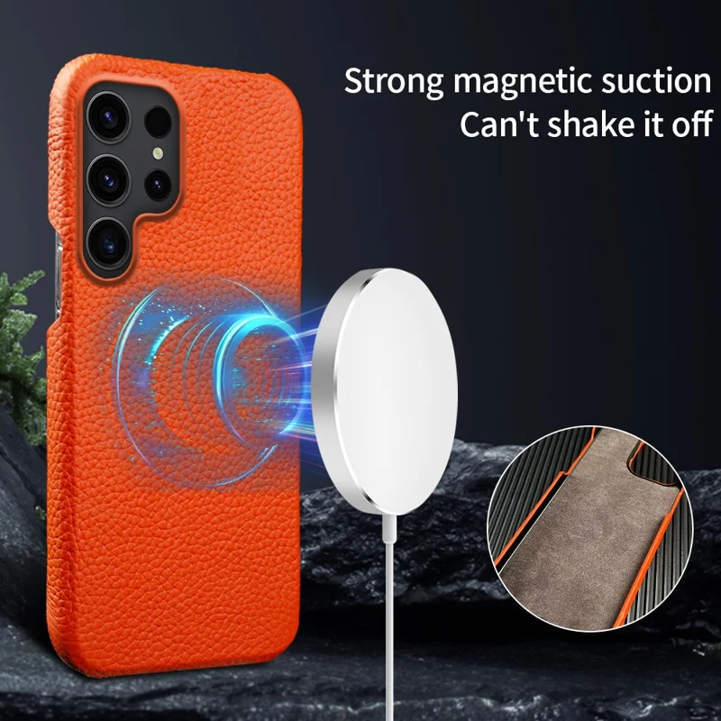 For Samsung Galaxy S25 Ultra Magnetic Case Litchi Texture Genuine Cow Leather + PC Shockproof Phone Back Cover - Brown
