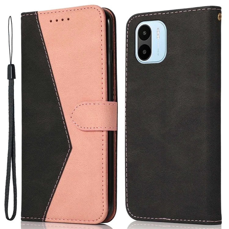 Étui de couleur Splicing en cuir PU pour Xiaomi Redmi A1 4G / A2 4G, étui portefeuille pour téléphone portable avec fonction support et dragonne - Noir / Rose