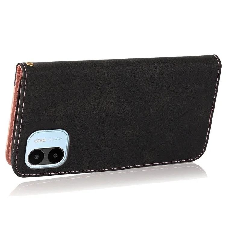 Étui de couleur Splicing en cuir PU pour Xiaomi Redmi A1 4G / A2 4G, étui portefeuille pour téléphone portable avec fonction support et dragonne - Noir / Rose