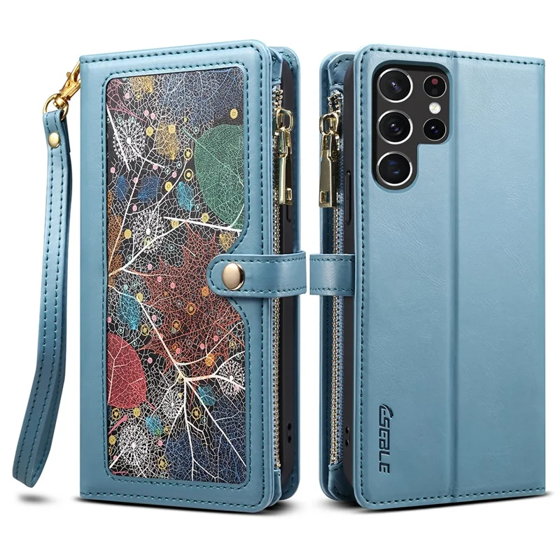 ESEBLE Galaxy Series For Samsung Galaxy S26 Ultra Case RFID Blocking Leather Zipper Phone Cover with Shoulder Strap + Wrist Strap - Blue