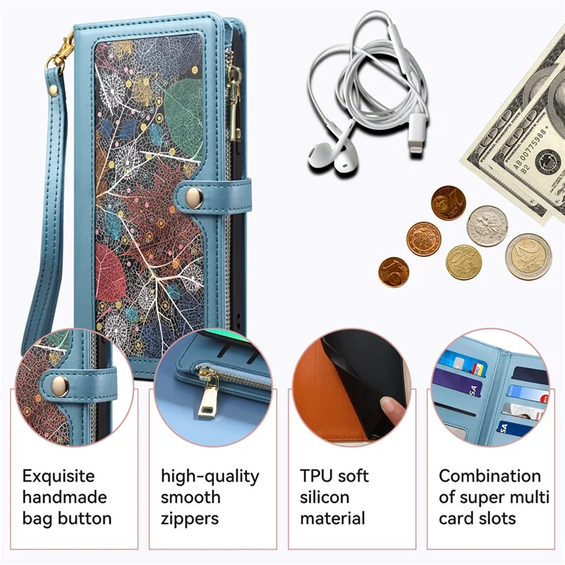 ESEBLE Galaxy Series For Samsung Galaxy S26 Ultra Case RFID Blocking Leather Zipper Phone Cover with Shoulder Strap + Wrist Strap - Blue