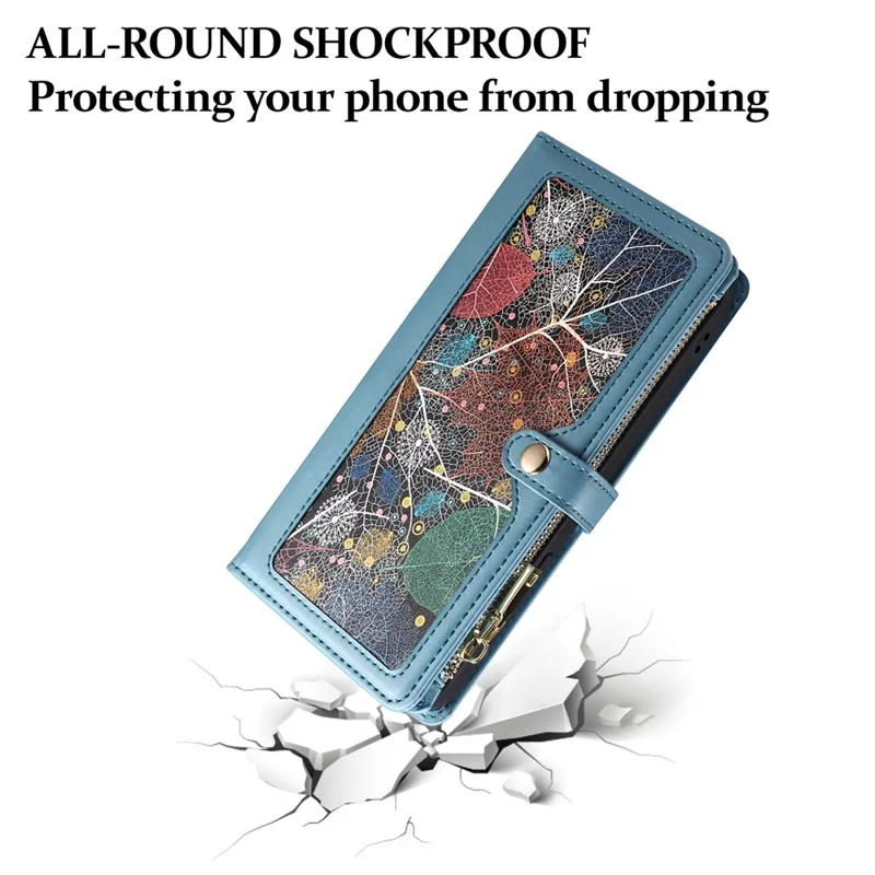 ESEBLE Galaxy Series For Samsung Galaxy S26 Case RFID Blocking Leather Zipper Phone Cover with Shoulder Strap + Wrist Strap - Blue