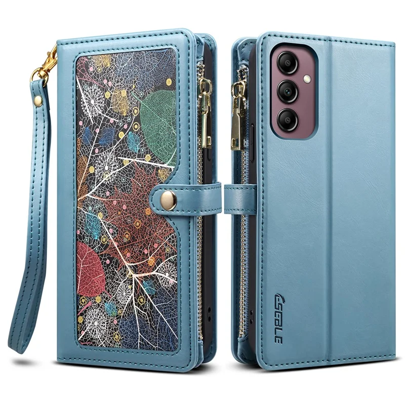 ESEBLE Galaxy Series For Samsung Galaxy A37 5G Case RFID Blocking Leather Zipper Phone Cover with Shoulder Strap + Wrist Strap - Blue