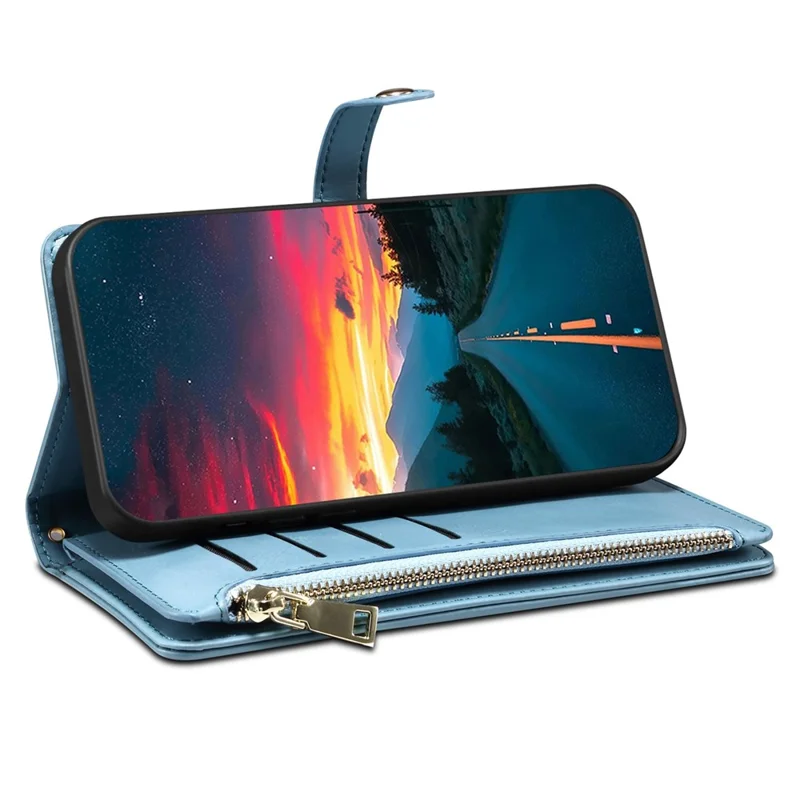 ESEBLE Galaxy Series For Samsung Galaxy A37 5G Case RFID Blocking Leather Zipper Phone Cover with Shoulder Strap + Wrist Strap - Blue