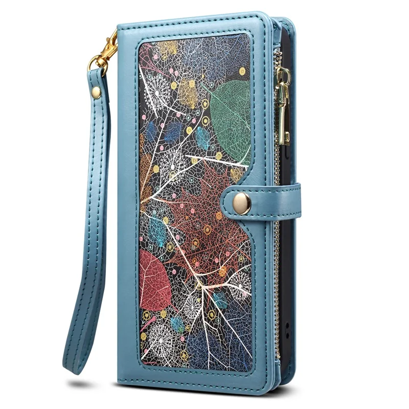 ESEBLE Galaxy Series For Samsung Galaxy A57 5G Case RFID Blocking Leather Zipper Phone Cover with Shoulder Strap + Wrist Strap - Blue