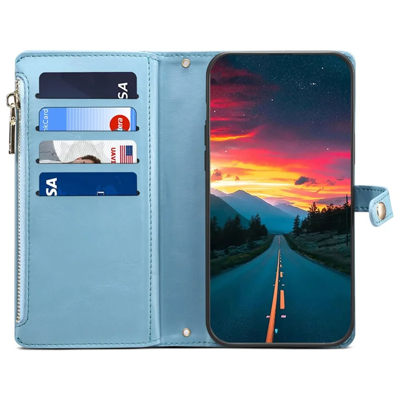 ESEBLE Galaxy Series For Samsung Galaxy A57 5G Case RFID Blocking Leather Zipper Phone Cover with Shoulder Strap + Wrist Strap - Blue