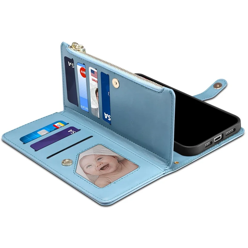 ESEBLE Galaxy Series For Samsung Galaxy S26+ Case RFID Blocking Leather Zipper Phone Cover with Shoulder Strap + Wrist Strap - Blue