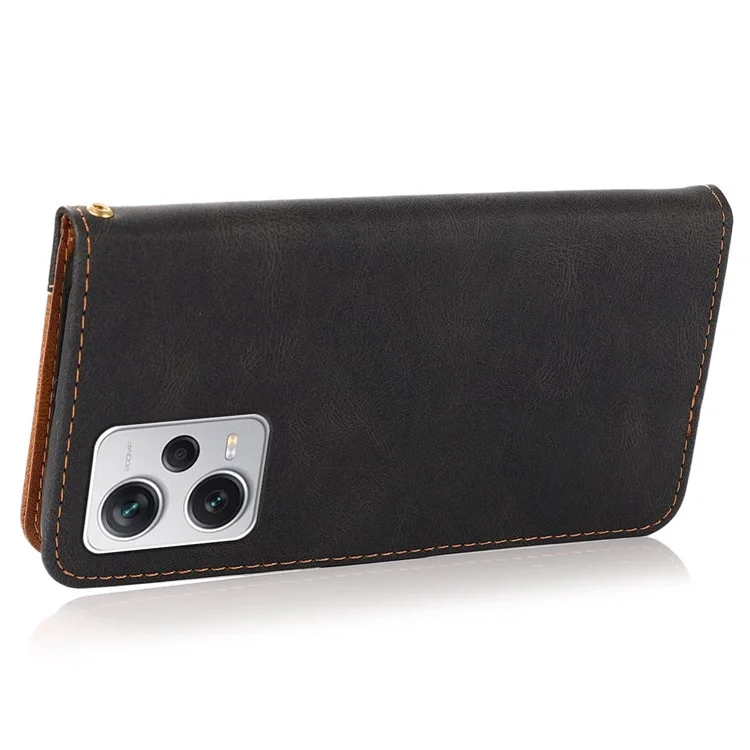 For Xiaomi Redmi Note 12 Pro 5G  / Note 12 Pro Speed 5G / Poco X5 Pro 5G Color Splicing PU Leather Stand Case Magnetic Clasp Phone Wallet Cover with Wrist Strap - Black / Brown