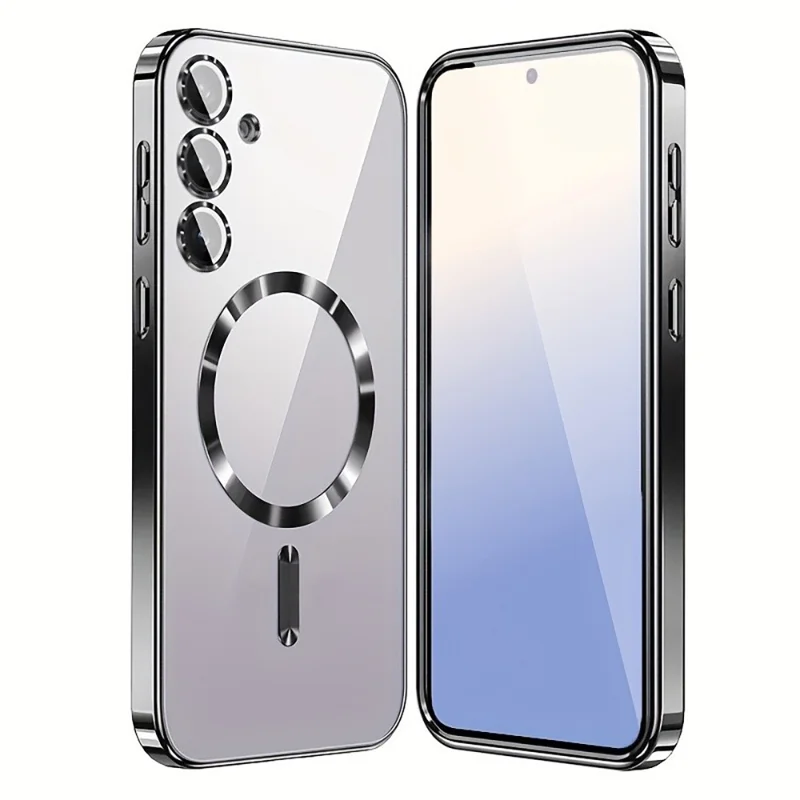 For Samsung Galaxy A26 5G Magnetic Case Clear Electroplated TPU Phone Cover with Camera Lens Film - Silver
