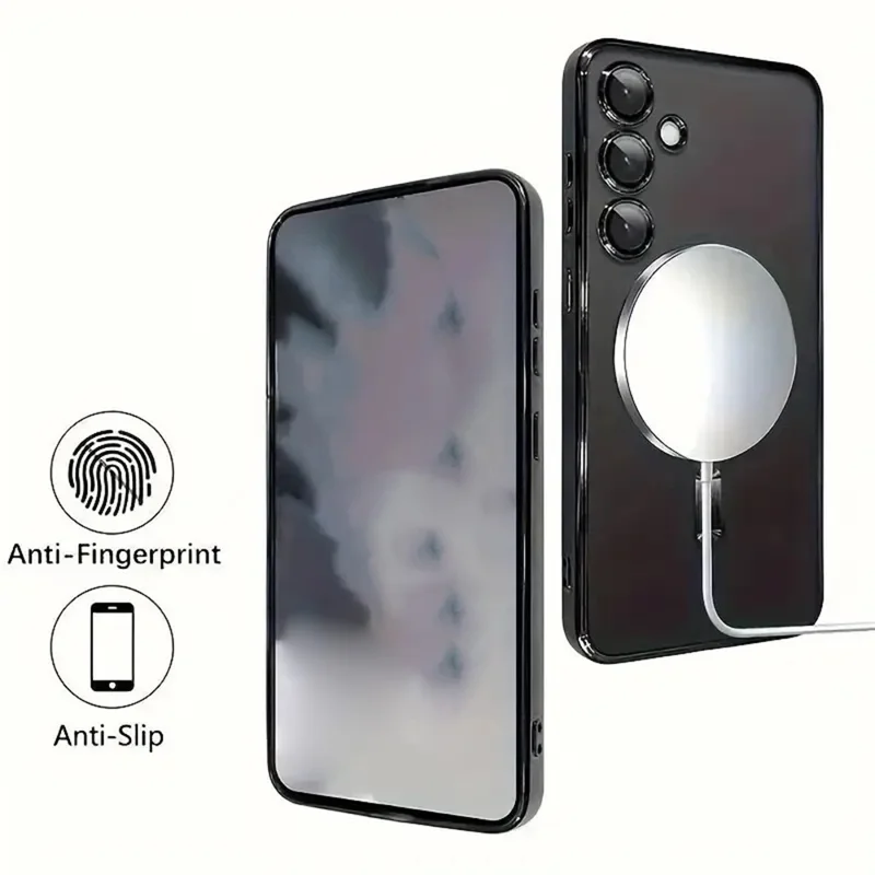 For Samsung Galaxy A56 5G Magnetic Case Clear Electroplated TPU Phone Cover with Camera Lens Film - Silver