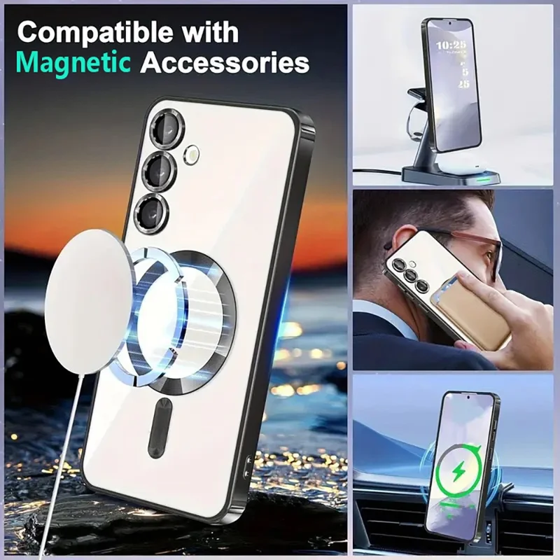 For Samsung Galaxy A56 5G Magnetic Case Clear Electroplated TPU Phone Cover with Camera Lens Film - Silver