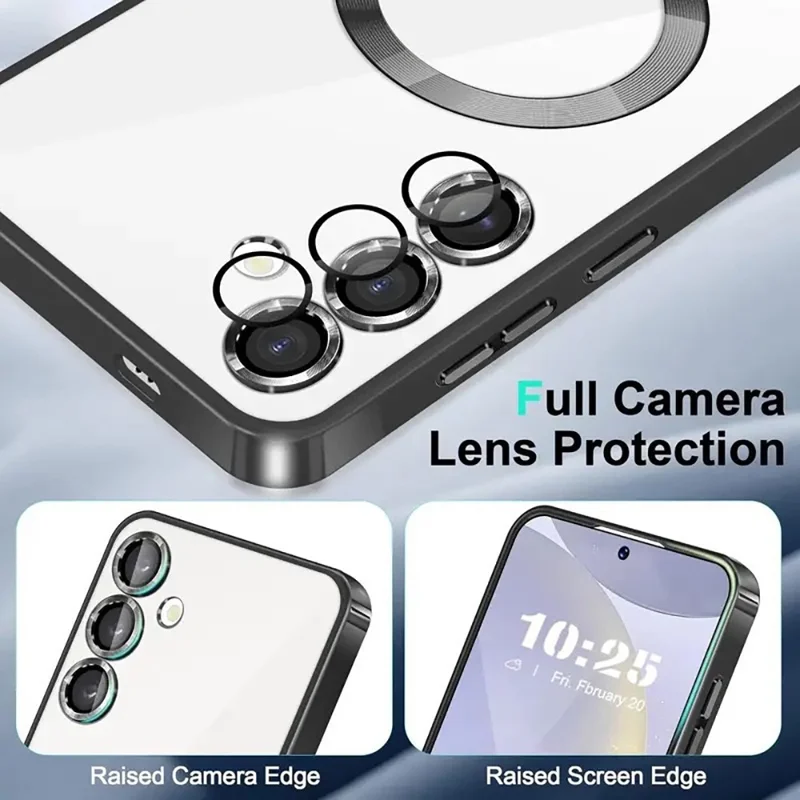 For Samsung Galaxy A56 5G Magnetic Case Clear Electroplated TPU Phone Cover with Camera Lens Film - Silver