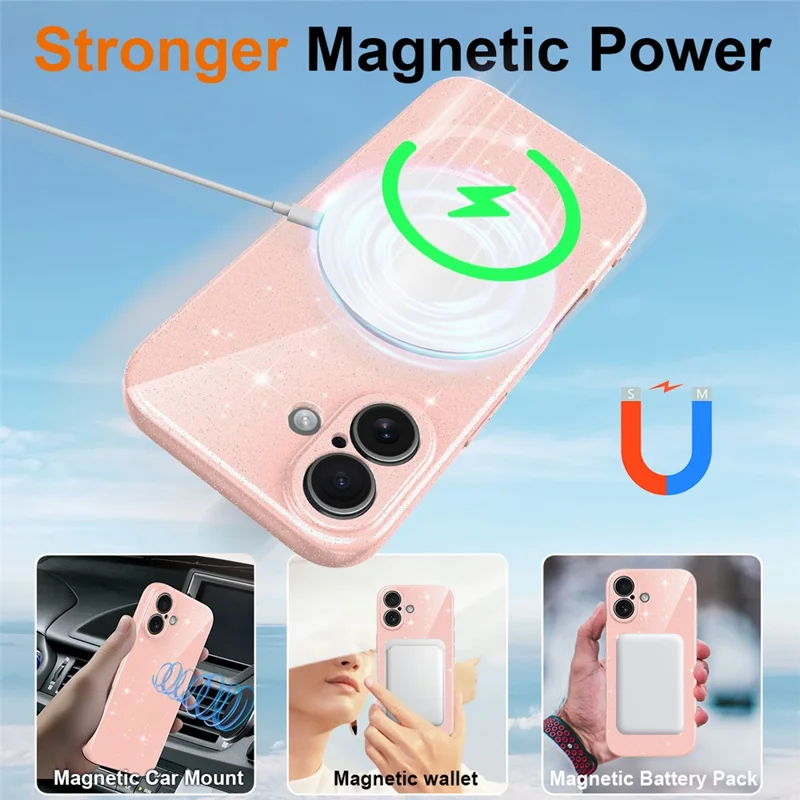 For iPhone 16 Plus Magnetic Case Glitter TPU Shockproof Phone Cover with Lanyard Compatible with MagSafe - Pink
