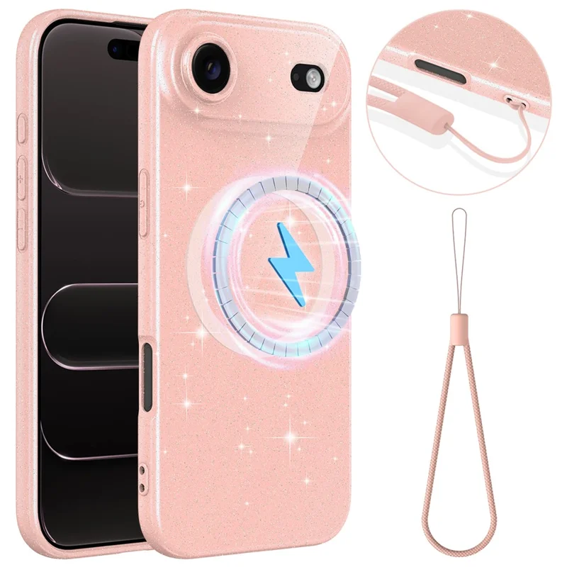For iPhone Air Magnetic Case Glitter TPU Shockproof Phone Cover with Lanyard Compatible with MagSafe - Pink