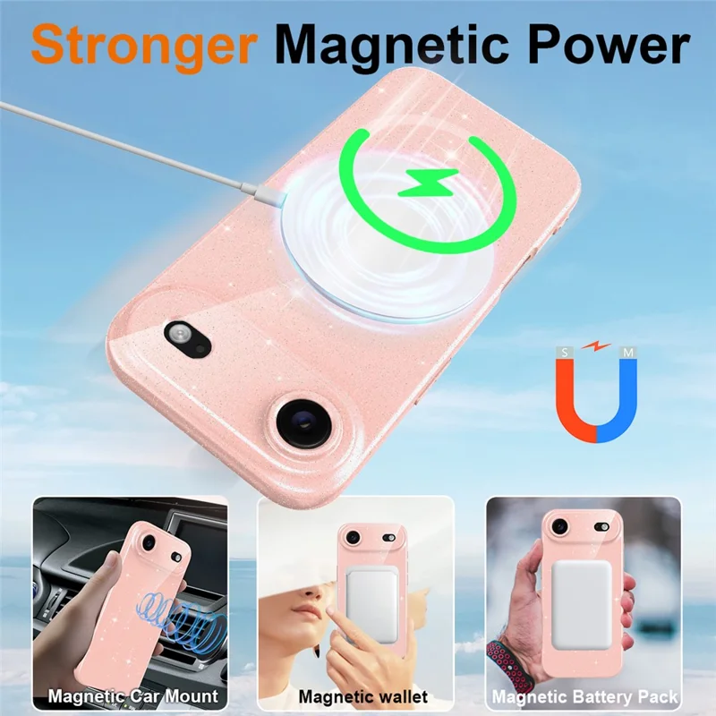 For iPhone Air Magnetic Case Glitter TPU Shockproof Phone Cover with Lanyard Compatible with MagSafe - Pink