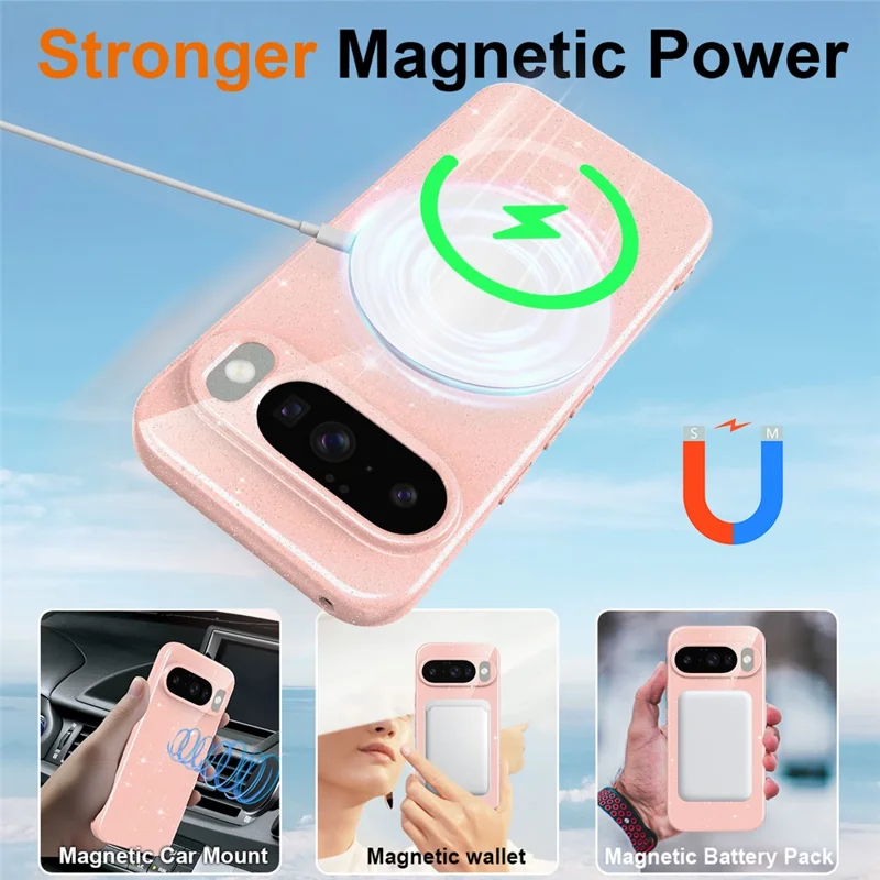 For Google Pixel 10 Magnetic Case Glitter TPU Shockproof Phone Cover with Lanyard - Pink