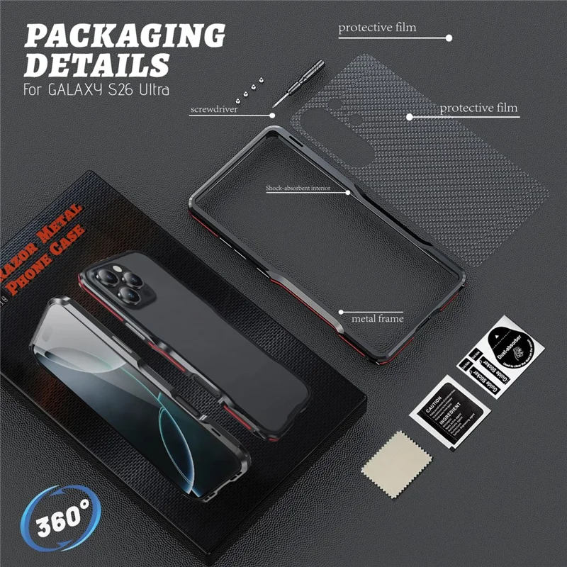 LUPHIE For Samsung Galaxy S26 Ultra Case Metal Bumper Frame Shockproof Phone Cover - Black  /  Red