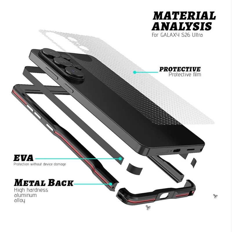 LUPHIE For Samsung Galaxy S26 Ultra Case Metal Bumper Frame Shockproof Phone Cover - Black  /  Red