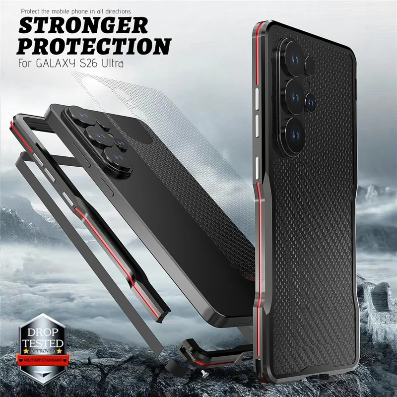 LUPHIE For Samsung Galaxy S26 Ultra Case Metal Bumper Frame Shockproof Phone Cover - Black  /  Red