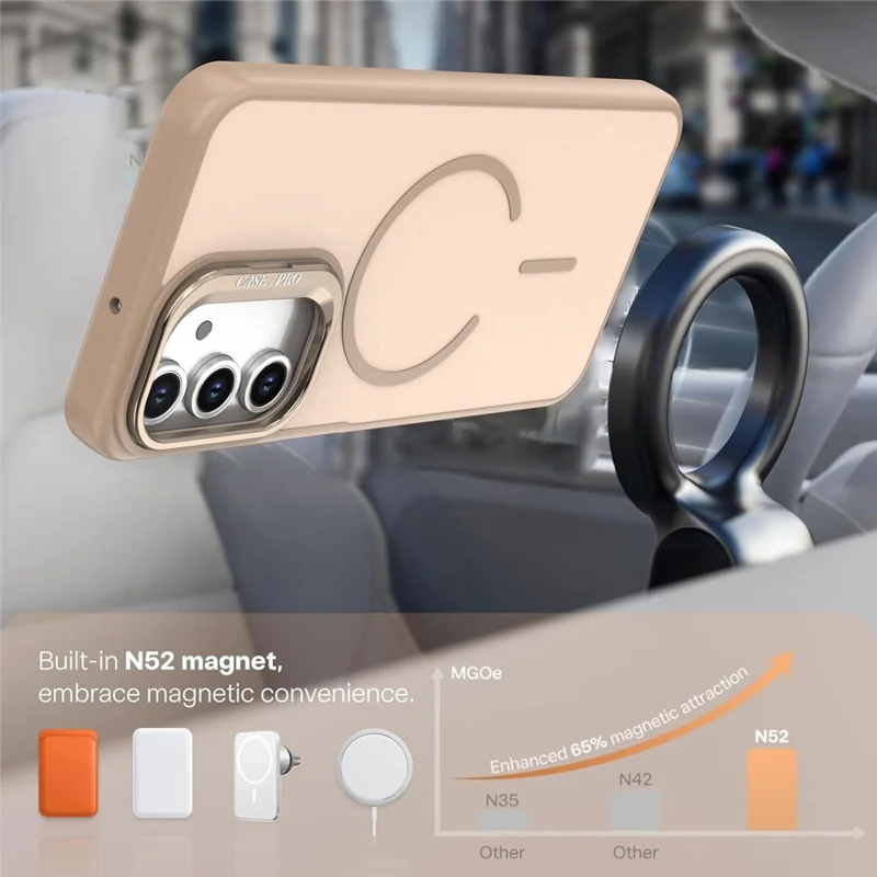 For Samsung Galaxy A05s 4G Case Skin-touch PC + TPU Magnetic Phone Cover with Lens Frame Kickstand - Desert Gold