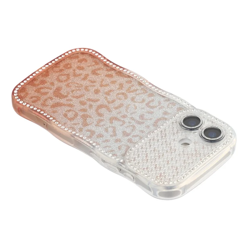 For iPhone 16 Case Rhinestone Decor Wave Frame TPU Phone Cover with Leopard Print Glitter Card  /  Lens Film - Gradient Brown