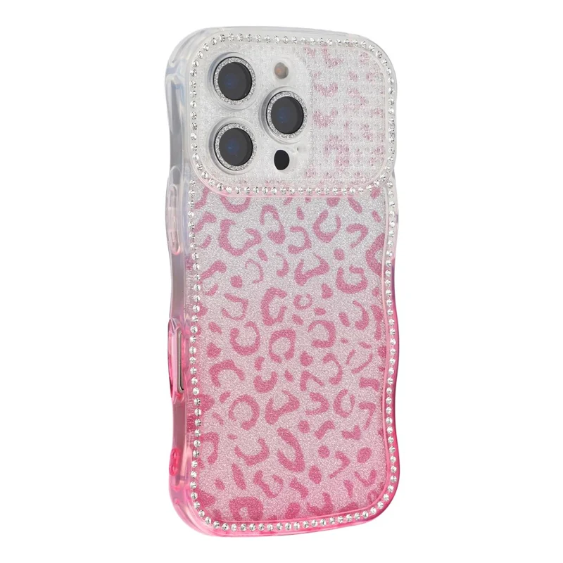 For iPhone 16 Pro Max Case Rhinestone Decor Wave Frame TPU Phone Cover with Leopard Print Glitter Card  /  Lens Film - Gradient Pink