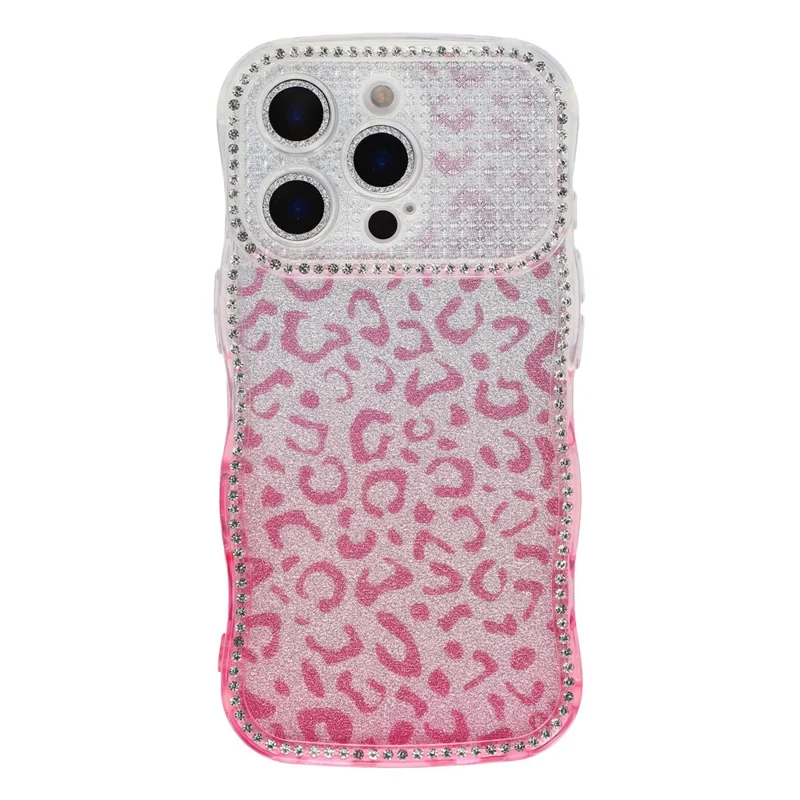 For iPhone 16 Pro Max Case Rhinestone Decor Wave Frame TPU Phone Cover with Leopard Print Glitter Card  /  Lens Film - Gradient Pink