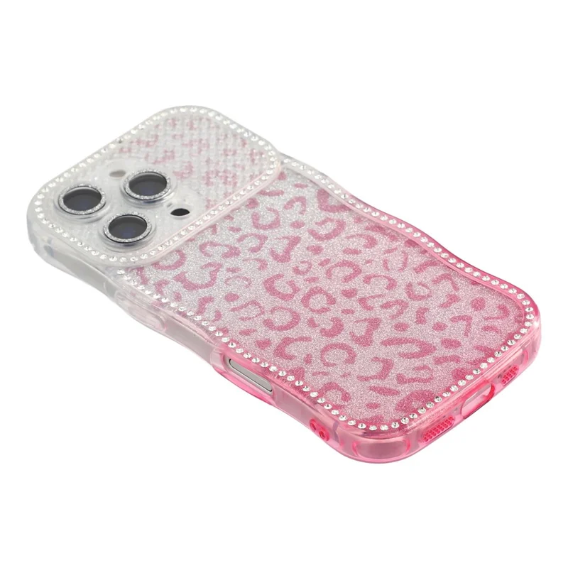 For iPhone 16 Pro Max Case Rhinestone Decor Wave Frame TPU Phone Cover with Leopard Print Glitter Card  /  Lens Film - Gradient Pink