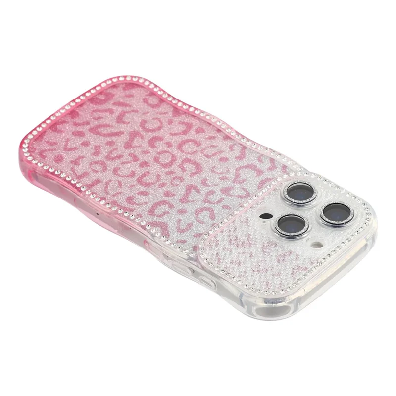 For iPhone 16 Pro Max Case Rhinestone Decor Wave Frame TPU Phone Cover with Leopard Print Glitter Card  /  Lens Film - Gradient Pink