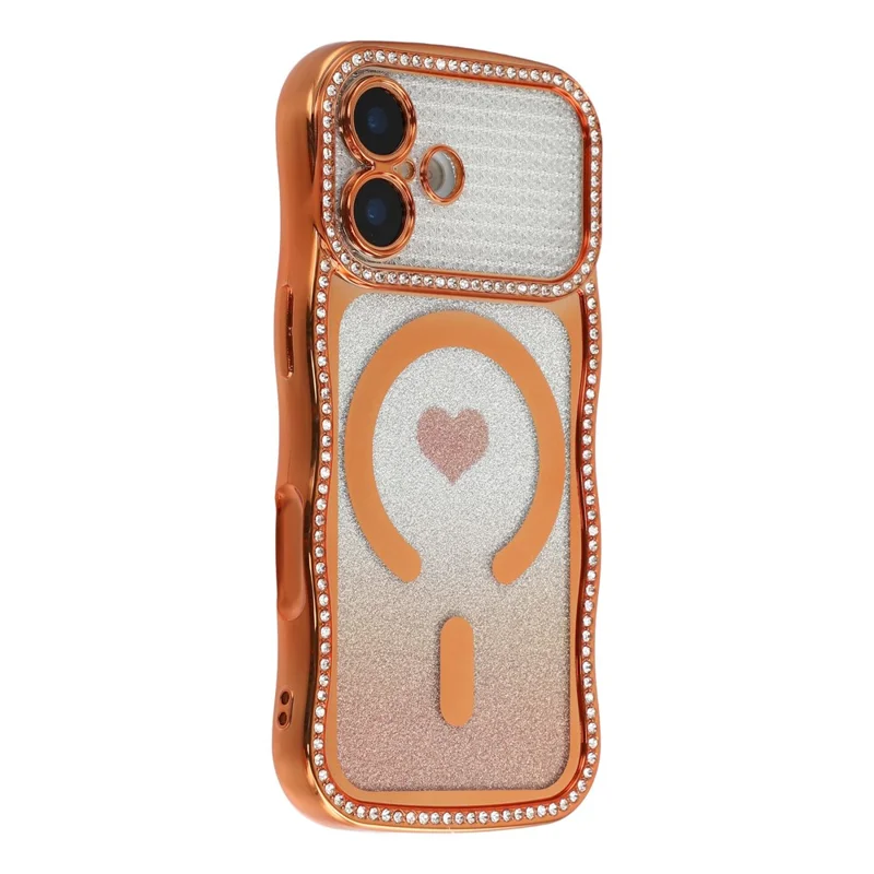 For iPhone 16 Magnetic Case Electroplated Wave Frame Rhinestone Decor TPU PC Phone Cover with Love Glitter Paper - Orange