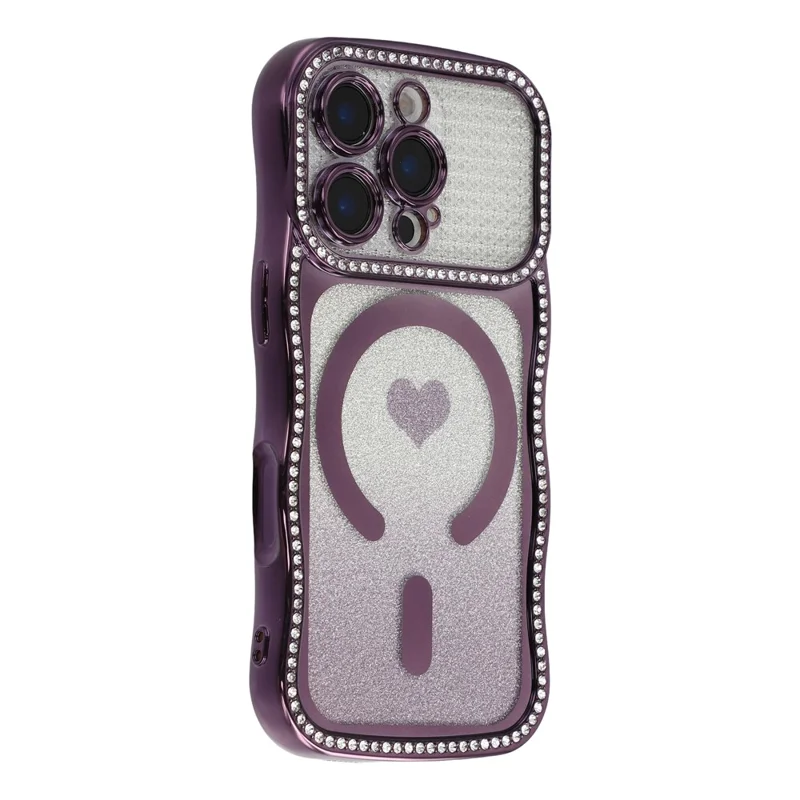 For iPhone 16 Pro Max Magnetic Case Electroplated Wave Frame Rhinestone Decor TPU PC Phone Cover with Love Glitter Paper - Purple