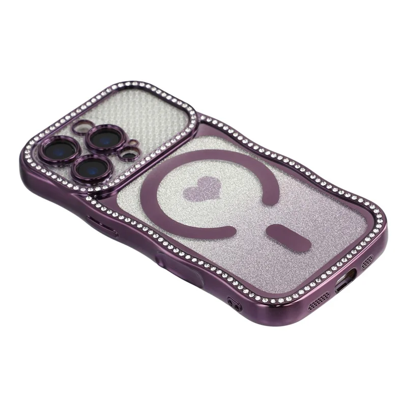 For iPhone 16 Pro Max Magnetic Case Electroplated Wave Frame Rhinestone Decor TPU PC Phone Cover with Love Glitter Paper - Purple