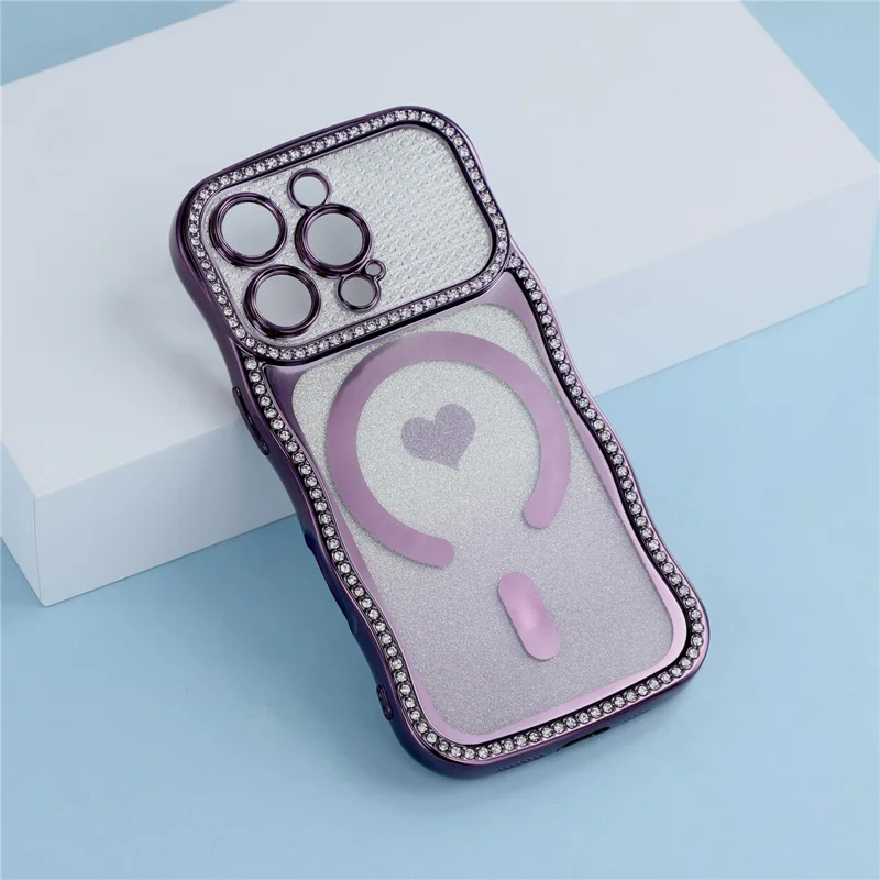 For iPhone 16 Pro Max Magnetic Case Electroplated Wave Frame Rhinestone Decor TPU PC Phone Cover with Love Glitter Paper - Purple
