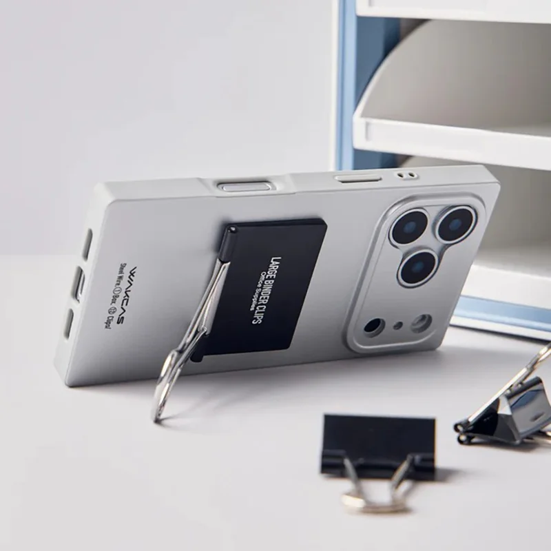 WAKCAS For iPhone 17 Pro Case Metal Binder Clip Kickstand Matte TPU Square Phone Cover - Silver