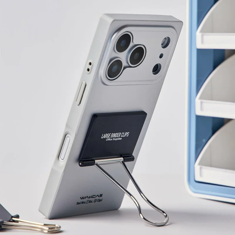 WAKCAS For iPhone 17 Pro Case Metal Binder Clip Kickstand Matte TPU Square Phone Cover - Silver