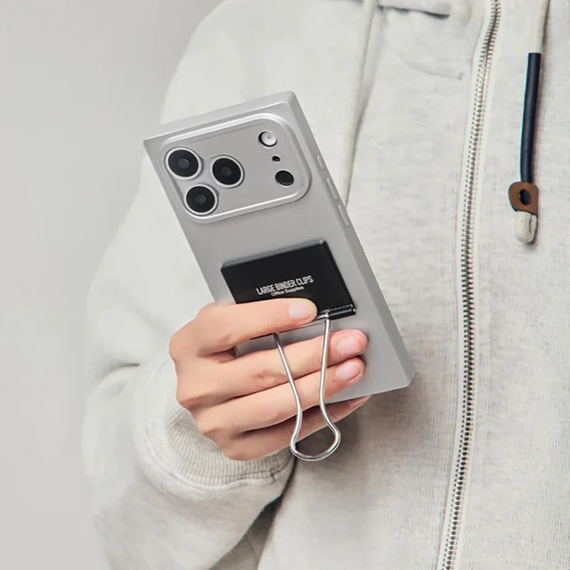 WAKCAS For iPhone 17 Pro Case Metal Binder Clip Kickstand Matte TPU Square Phone Cover - Silver