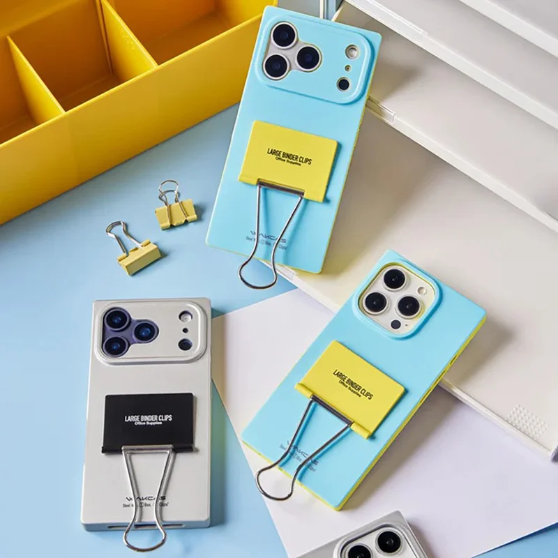 WAKCAS For iPhone 17 Pro Case Metal Binder Clip Kickstand Matte TPU Square Phone Cover - Silver