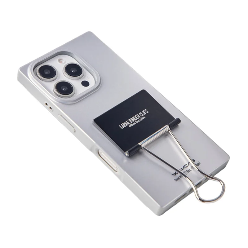 WAKCAS For iPhone 16 Pro Case Metal Binder Clip Kickstand Matte TPU Square Phone Cover - Silver