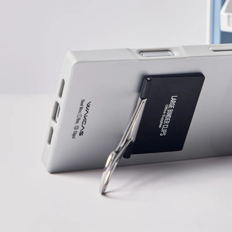 WAKCAS For iPhone 16 Pro Case Metal Binder Clip Kickstand Matte TPU Square Phone Cover - Silver