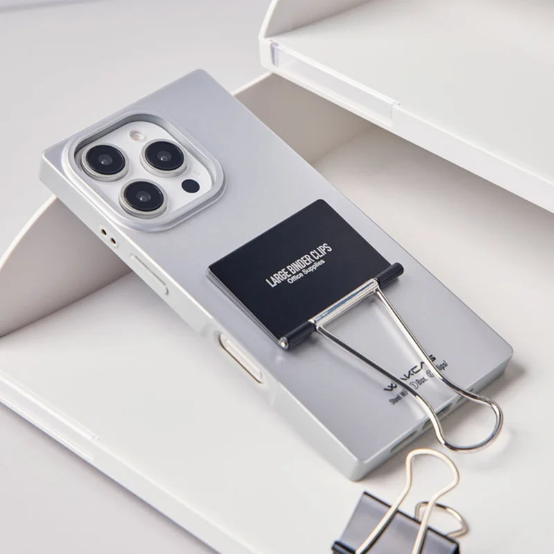 WAKCAS For iPhone 16 Pro Max Case Metal Binder Clip Kickstand Matte TPU Square Phone Cover - Silver