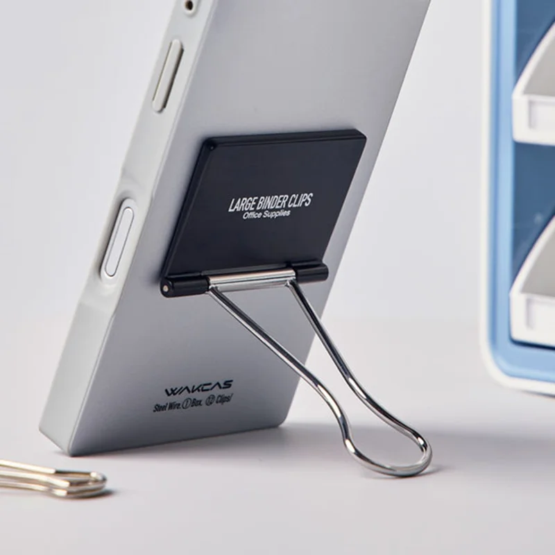 WAKCAS For iPhone 16 Pro Max Case Metal Binder Clip Kickstand Matte TPU Square Phone Cover - Silver