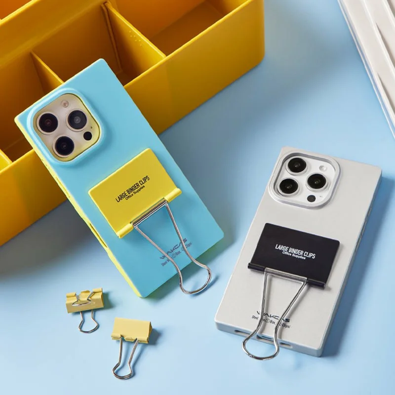 WAKCAS For iPhone 16 Pro Max Case Metal Binder Clip Kickstand Matte TPU Square Phone Cover - Silver