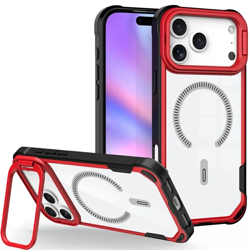 Bulk Purchasing For iPhone 17 Pro Max Magnetic Case with Lens Kickstand TPU PC Acrylic Phone Back Cover Compatible with MagSafe - Red