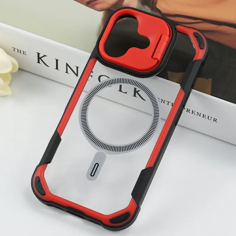 Bulk Purchasing For iPhone 17 Magnetic Case with Lens Kickstand TPU PC Acrylic Phone Back Cover Compatible with MagSafe - Red